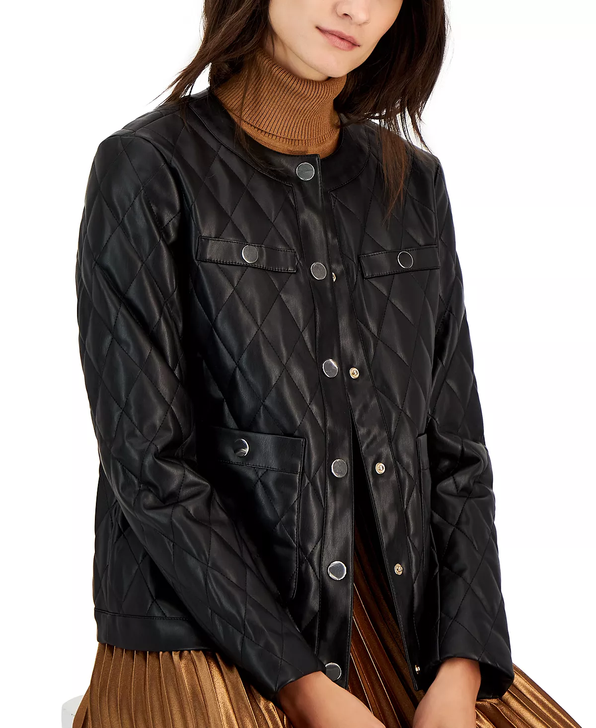 Anne Klein Women's Faux-Leather Quilted Snap Jacket 3 Anne Klein Women's Faux-Leather Quilted Snap Jacket - Image 3