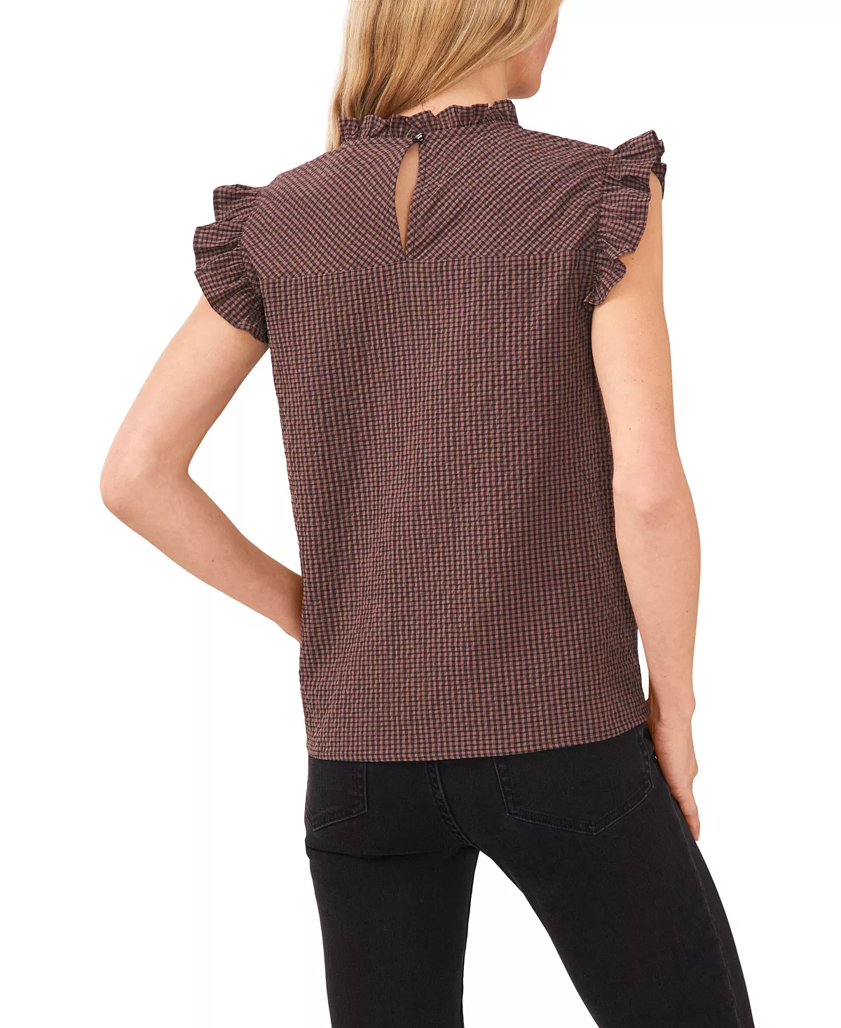 CeCe Women's Ruffled Neck Cotton Check Blouse 2 CeCe Women's Ruffled Neck Cotton Check Blouse - Image 2
