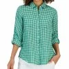 Charter Club Women's Linen Gingham Tab-Sleeve Shirt, Created For Macy's