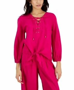 INC International Concepts Women's Lace-Up Tie-Hem Linen Blouse, Created For Macy's