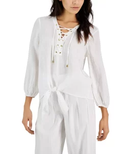 INC International Concepts Women's Lace-Up Tie-Hem Linen Blouse, Created For Macy's -Anne Klein Sales Store 22782965 fpx