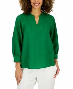 Charter Club Women's Linen Split-Neck Top, Created For Macy's