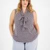 Bar III Plus Size Geo Print Sleeveless Bow-Tie Blouse