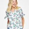 Charter Club Women's Linen Floral Tie-Sleeve Top, Created For Macy's