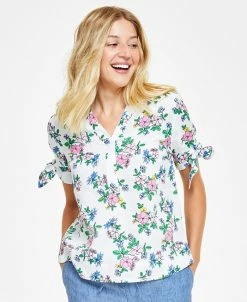 Charter Club Women's Linen Floral Tie-Sleeve Top, Created For Macy's