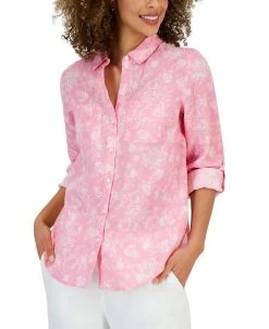 Charter Club Women's Linen Floral Tab-Sleeve Shirt, Created For Macy's