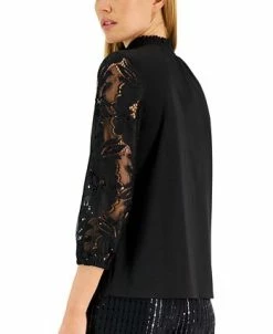 Anne Klein Women's Mixed-Media Lace-Sleeve Top -Anne Klein Sales Store 22837365 fpx