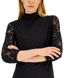 Anne Klein Women's Mixed-Media Lace-Sleeve Top -Anne Klein Sales Store 22837367 fpx