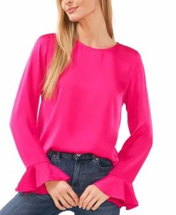 CeCe Women's Ruffled-Cuff Long-Sleeve Round-Neck Blouse