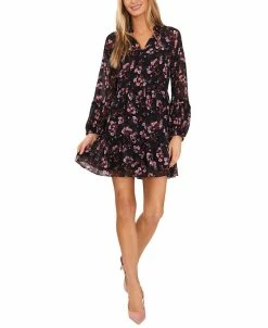 CeCe Women's Printed Long-Sleeve Babydoll Dress
