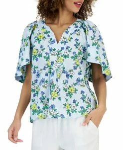 Charter Club Women's Linen Floral Flutter-Sleeve Top, Created For Macy's