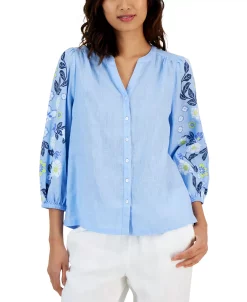 Charter Club Women's Linen Printed Button-Up Top, Created For Macy's -Anne Klein Sales Store 22866138 fpx