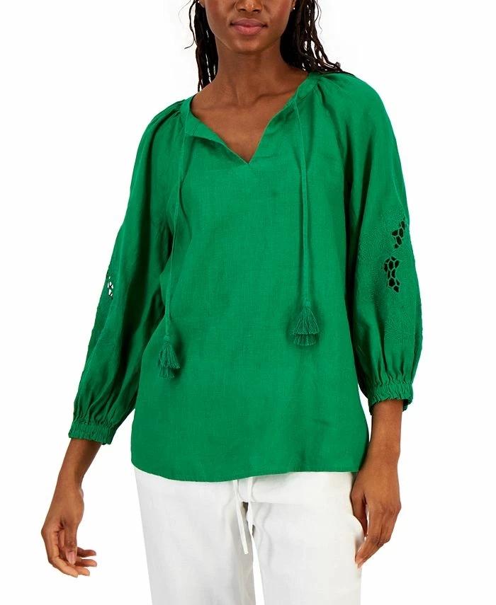 Charter Club Women's Linen Embroidered Peasant Top, Created For Macy's 1 Charter Club Women's Linen Embroidered Peasant Top, Created For Macy's