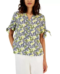 Charter Club Women's Linen Butterfly-Print Tie-Sleeve Top, Created For Macy's -Anne Klein Sales Store 22884058 fpx