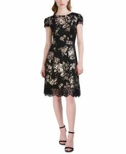 Donna Ricco Women's Tulip-Sleeve Lace-Hem Fit & Flare Dress