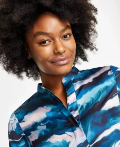 Anne Klein Women's Band-Collar Marble-Print Satin Tunic -Anne Klein Sales Store 22907567 fpx