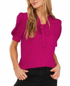 CeCe Women's Polka Dot Tie-Neck Puff-Sleeve Top