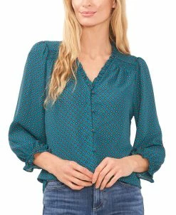 CeCe Women's Printed Ruffle-Neck 3/4-Sleeve Blouse