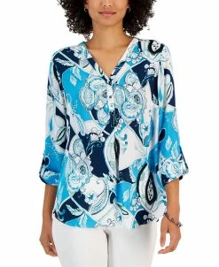 JM Collection Women's Paisley-Print 3/4-Sleeve Utility Shirt, Created For Macy's