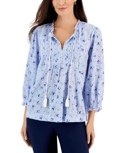 Charter Club Women's Floral Pleated-Yoke Peasant Top, Created For Macy's -Anne Klein Sales Store 22979068 fpx