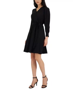 Anne Klein Women's V-Neck Pleated-Long-Sleeve Dress -Anne Klein Sales Store 22979854 fpx