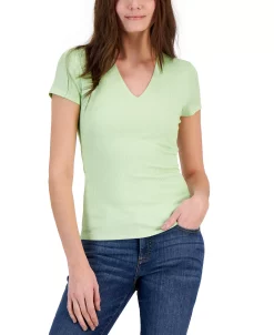 INC International Concepts Women's Two-Toned Ribbed V-Neck Top, Created For Macy's