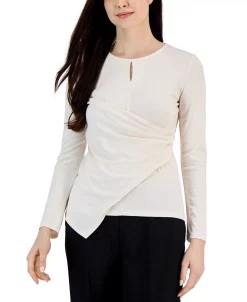 Anne Klein Women's Harmony-Knit Asymmetric Faux-Wrap Keyhole Top -Anne Klein Sales Store 22988882 fpx
