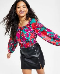 Bar III Women's Printed Smocked-Hem Peasant Top, Created For Macy's