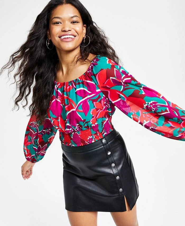 Bar III Women's Printed Smocked-Hem Peasant Top, Created For Macy's 1 Bar III Women's Printed Smocked-Hem Peasant Top, Created For Macy's