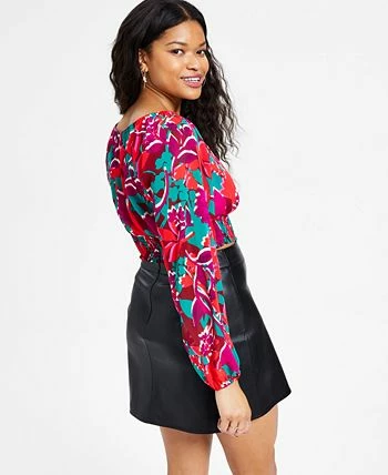 Bar III Women's Printed Smocked-Hem Peasant Top, Created For Macy's 2 Bar III Women's Printed Smocked-Hem Peasant Top, Created For Macy's - Image 2