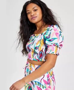 Bar III Women's Smocked Puff-Sleeve Crop Top, Created For Macy's -Anne Klein Sales Store 22997692 fpx