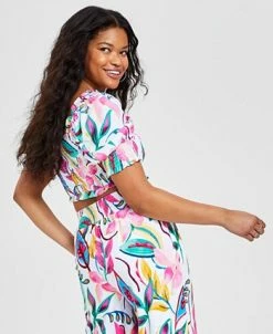 Bar III Women's Smocked Puff-Sleeve Crop Top, Created For Macy's -Anne Klein Sales Store 22997693 fpx