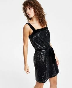 Bar III Women's Sequined Square-Neck Belted Dress, Created For Macy's -Anne Klein Sales Store 23009944 fpx
