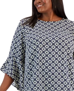 Kasper Plus Size Printed Flared 3/4-Sleeve Blouse -Anne Klein Sales Store 23022242 fpx