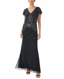 Adrianna Papell Women's Beaded Flutter-Sleeve Gown
