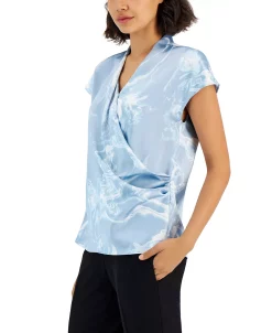 Alfani Women's Printed Satin Short-Sleeve Surplice Top, Created For Macy's -Anne Klein Sales Store 23111625 fpx