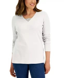 Karen Scott Women's Long Sleeve Lace Inset V-Neck, Created For Macy's