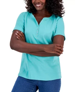 Karen Scott Hort Sleeve Henley Top, Created For Macy's -Anne Klein Sales Store 23186903 fpx
