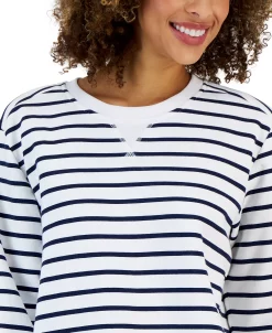 Karen Scott Women's Striped Fleece Crewneck Sweatshirt, Created For Macy's -Anne Klein Sales Store 23197028 fpx
