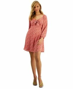 Bar III Women's Printed Tie-Front Blouson-Sleeve Dress, Created For Macy's
