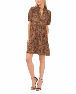 CeCe Women's Leopard-Print Babydoll Puff-Sleeve Tiered Dress