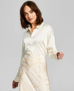 And Now This Women's Drop-Shoulder Button Down Satin Blouse