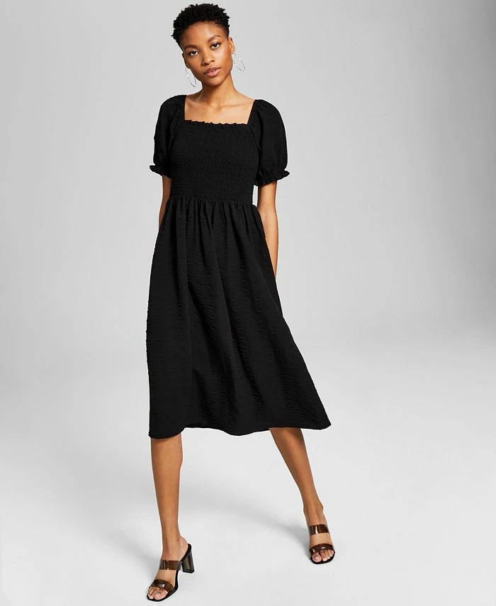 And Now This Women's Textured Smocked Puff Sleeve Midi Dress 1 And Now This Women's Textured Smocked Puff Sleeve Midi Dress
