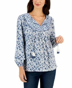 Style & Co Women's Floral Printed Tasseled Peasant Top, Created For Macy's