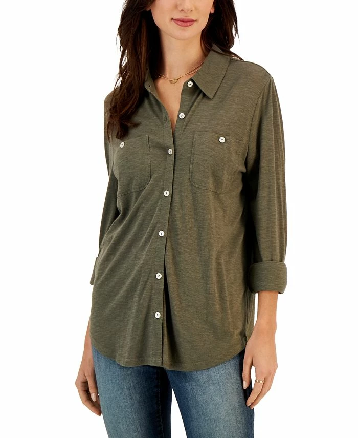 Style & Co Women's Button-Up Collared Knit Shirt, Created For Macy's 1 Style & Co Women's Button-Up Collared Knit Shirt, Created For Macy's