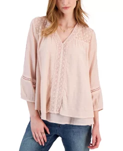 Style & Co Women's 3/4-Sleeve Embroidered Lace Top, Created For Macy's