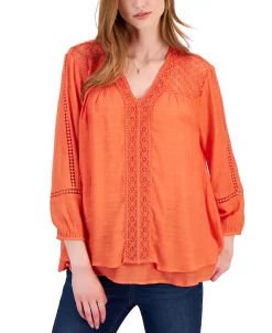 Style & Co Women's 3/4-Sleeve Embroidered Lace Top, Created For Macy's -Anne Klein Sales Store 23314025 fpx