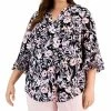 Kasper Plus Size Printed V-Neck Three-Quarter-Length Sleeve Top