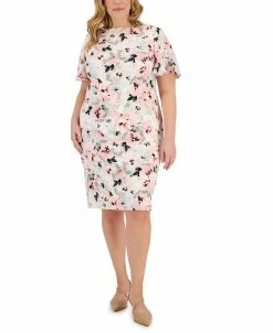 Kasper Plus Size Floral-Print Flutter-Sleeve Boat-Neck Sheath Dress