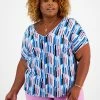 Bar III Plus Size Printed Seamed V-Neck Short-Sleeve Top, Created For Macy's